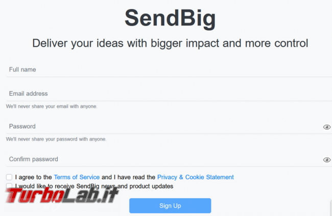 Condividi altre persone file sino 30 GB servizio SendBig