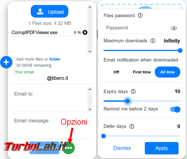 Condividi altre persone file sino 30 GB servizio SendBig
