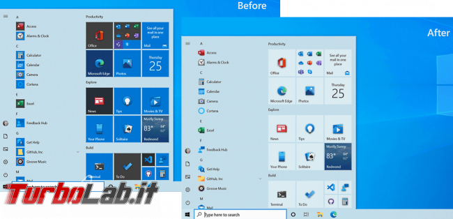 Cosa c'è nuovo Windows 10 20H2, Aggiornamento ottobre 2020: Tutte novità funzioni upgrade (video) - windows 10 2009 menu start before after