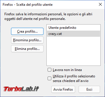 Crea nuovo profilo utente Firefox spostalo partizione diversa quella standard