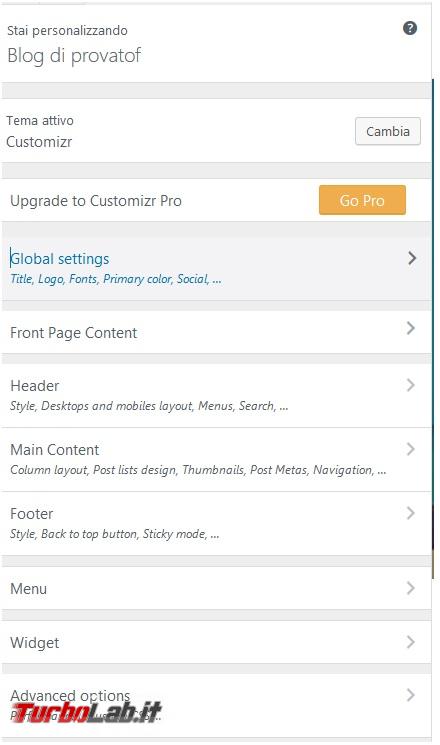 Crea presenza online: Come creare sito gratis - settaggi customizr