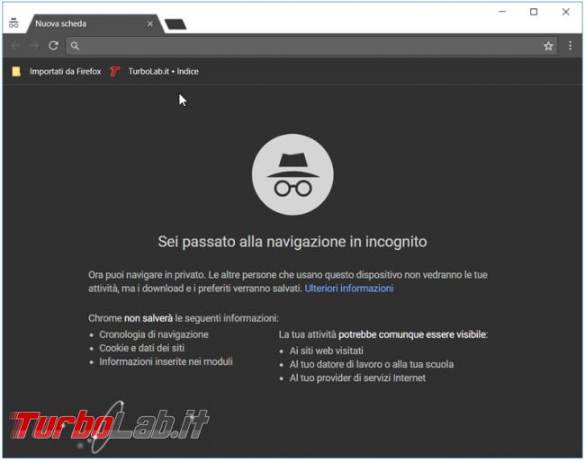 Creare collegamento avviare principali browser modalità incognito