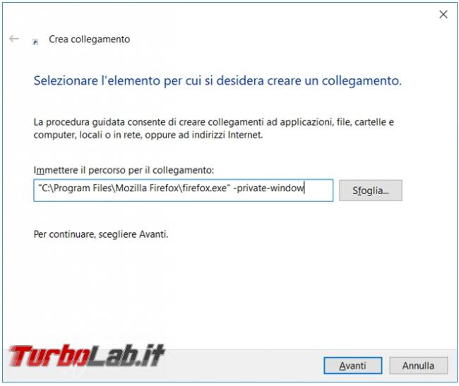 Creare collegamento avviare principali browser modalità incognito