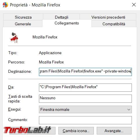 Creare collegamento avviare principali browser modalità incognito