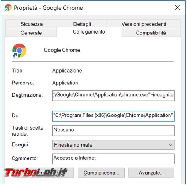 Creare collegamento avviare principali browser modalità incognito