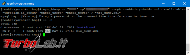 Database MySQL backup: esempi guida rapida completa mysqldump Windows Linux Ubuntu/CentOS
