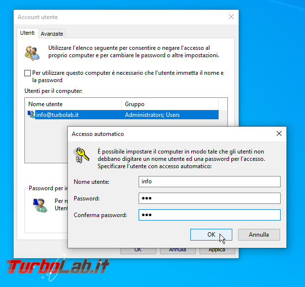 Disabilitare richiesta password accedere automaticamente Windows 10 (versioni 2021/2022) - zShotVM_1618991037