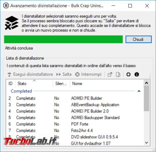 Disinstalla silenziosamente gruppi programmi Bulk Crap Uninstaller