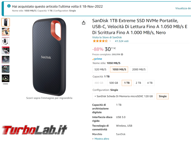 Errore prezzo Amazon: SSD portatile 30 € invece 261 €