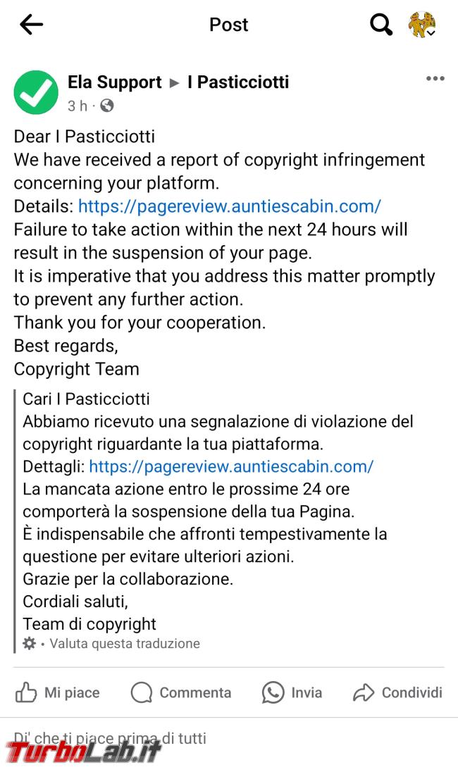 Facebook: falsa segnalazione violazione copyright Ela Support - Screenshot_2024-05-09-20-27-50-103_com.facebook.katana