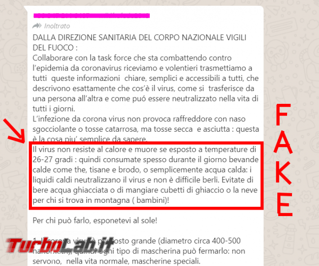 Falso messaggio WhatsApp Direzione Sanitaria Vigili Fuoco Coronavirus: bere bevande calde non serve! - FrShot_1583746913