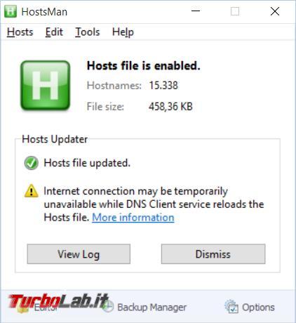 File hosts: HostsMan scarichi aggiorni automaticamente migliori liste blocco (stop domini malware server pubblicitari)