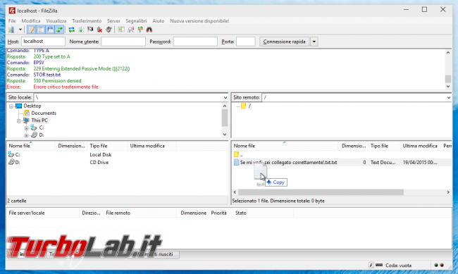 FileZilla Server: abilitare accesso anonimo - FileZilla errore upload
