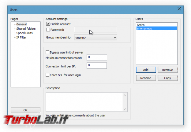 FileZilla Server: abilitare accesso anonimo - FileZilla Server creazione utente Anonymous 02