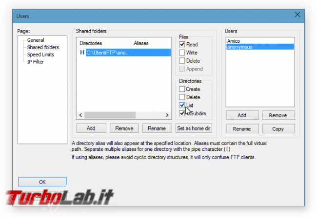 FileZilla Server: abilitare accesso anonimo - FileZilla Server creazione utente Anonymous 05