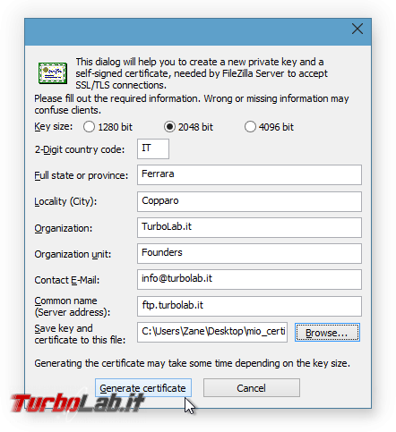 FTPS FileZilla Server: come accettare connessioni FTP sicure - filezilla server generazione certificato
