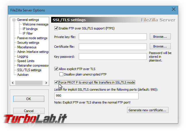 FTPS FileZilla Server: come accettare connessioni FTP sicure - filezilla server opzioni ssl 01