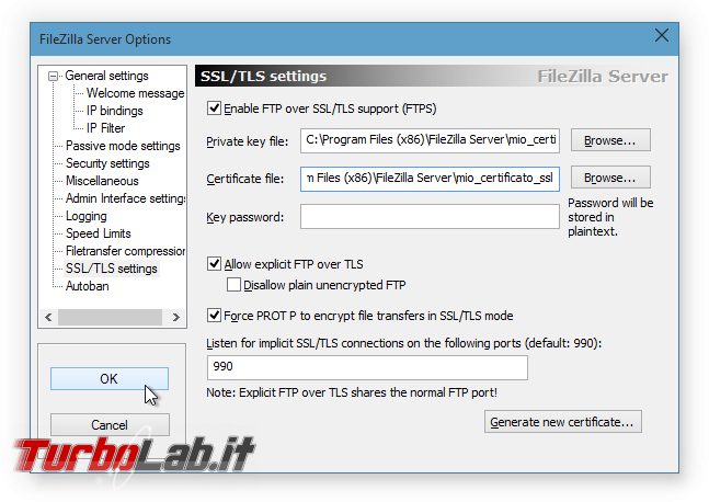 FTPS FileZilla Server: come accettare connessioni FTP sicure - filezilla server opzioni ssl 02