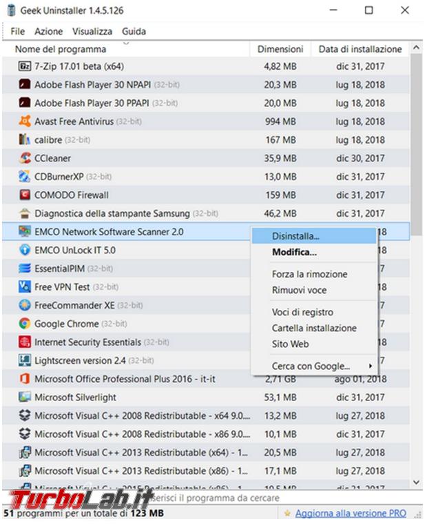 Geek Uninstaller disinstallatore programmi non lascia tracce residue sistema operativo