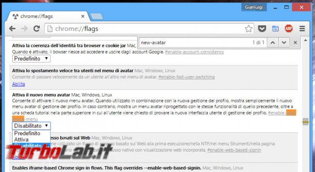 Google Chrome: rimuovere nome-utente barra titolo - chrome flags new avatar