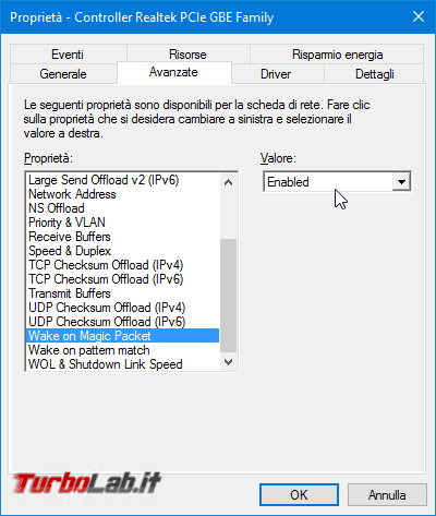 Grande Guida Wake-on-LAN (WoL): come accendere PC Windows / Linux Ubuntu lontano usando smartphone Android connessione Internet - proprietà scheda di rete attiva wol