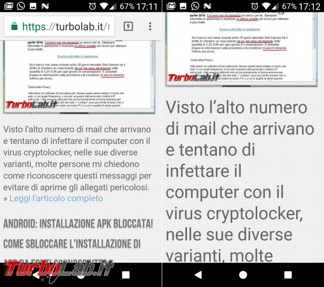 Guida Android: come ingrandire caratteri testo troppo piccoli? - Chrome ingrandimento caratteri