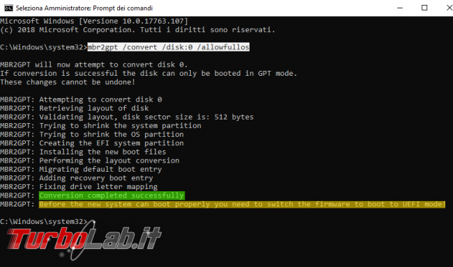 Guida: come convertire disco / SSD Windows 10 MBR GPT senza cancellare, formattare, eliminare partizioni file MBR2GPT