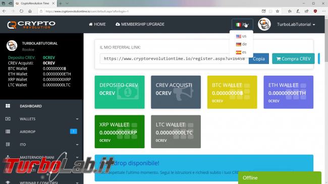 Guida CryptoRevolutiontime: come aprire account acquistare CREV (video) - CryptoRevolutiontime dashboard