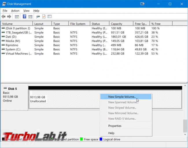 Guida facile Windows 10: come creare partizione hard disk / SSD senza programmi aggiuntivi - windows gestione dischi non allocato unallocated volume semplice simple volume