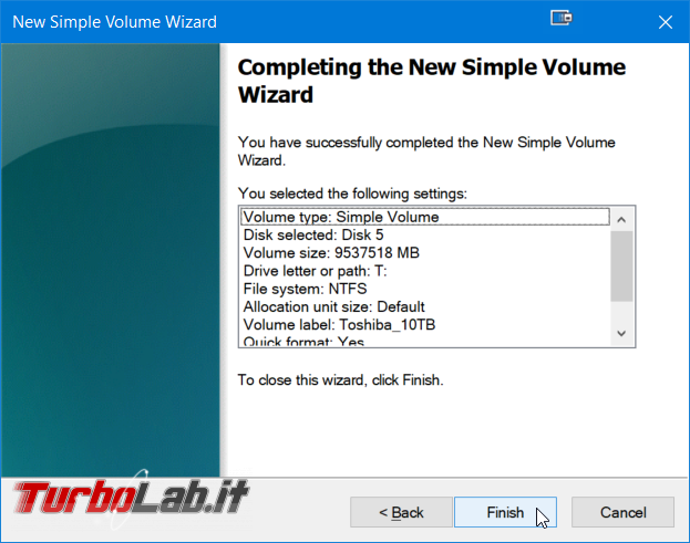 Guida facile Windows 10: come creare partizione hard disk / SSD senza programmi aggiuntivi - Windows gestione dischi nuovo volume semplice wizard (2)