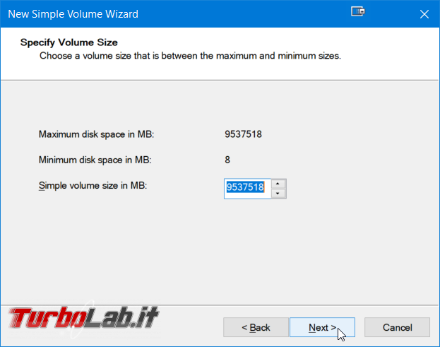 Guida facile Windows 10: come creare partizione hard disk / SSD senza programmi aggiuntivi - Windows gestione dischi nuovo volume semplice wizard (5)