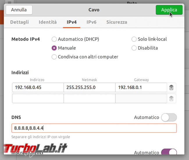 Guida: impostare manualmente indirizzo IP statico rete Ubuntu 20.04