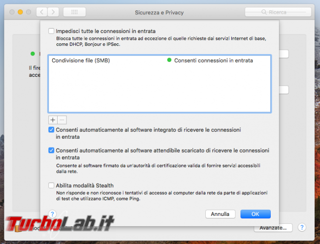 Guida Mac: come configurare firewall permettere accesso file condivisi rete locale (LAN)