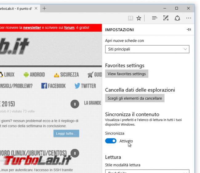 Guida novità Microsoft Edge, aggiornamento novembre (autunno 2015) - Microsoft edge sincronizzazione sync