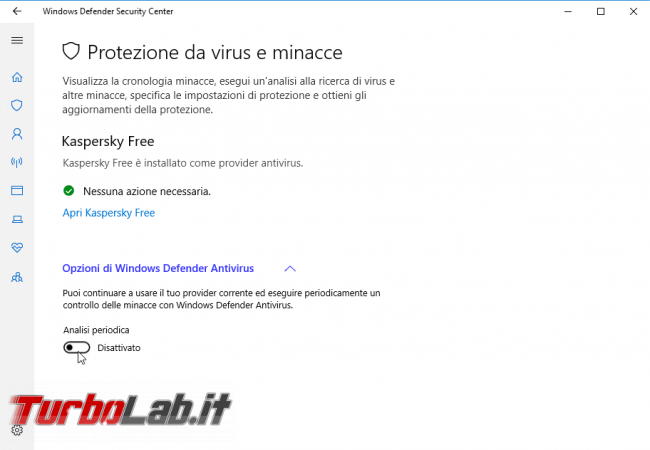Guida Windows 10: attivare secondo antivirus grazie Analisi periodica Windows Defender