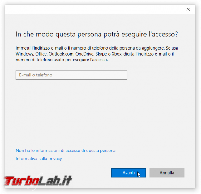 Guida Windows 10: come creare nuovo account utente locale/Microsoft protetto password PC condiviso più persone