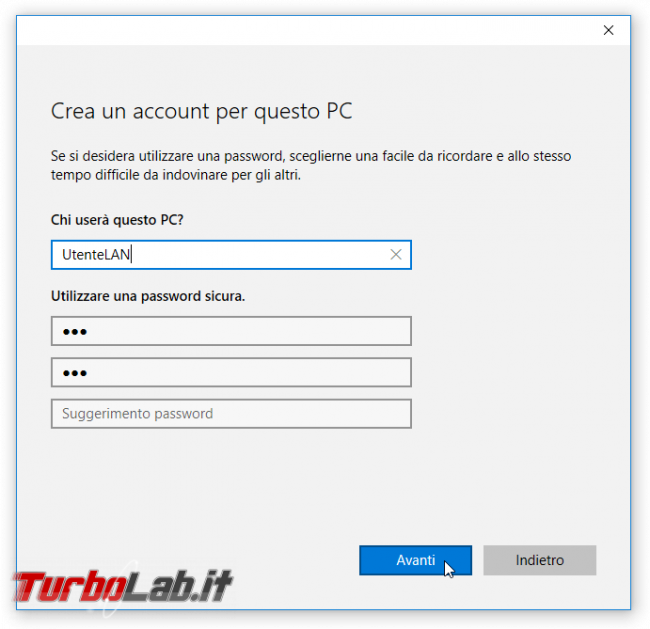 Guida Windows 10: come creare nuovo account utente locale/Microsoft protetto password PC condiviso più persone