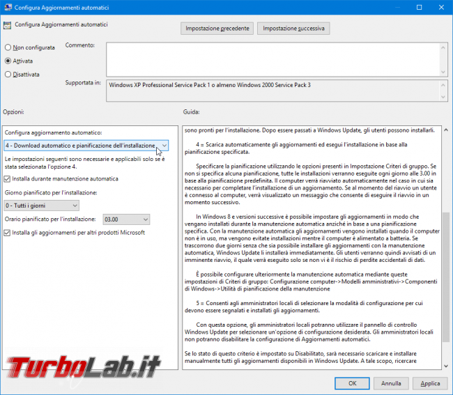 Guida Windows 10: come impedire riavvio automatico installazione aggiornamenti - gpedit configura aggiornamenti automatici