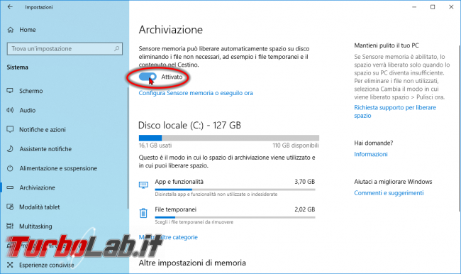 Guida Windows 10: come pulire disco / SSD liberare spazio automaticamente Sensore memoria (Storage sense)