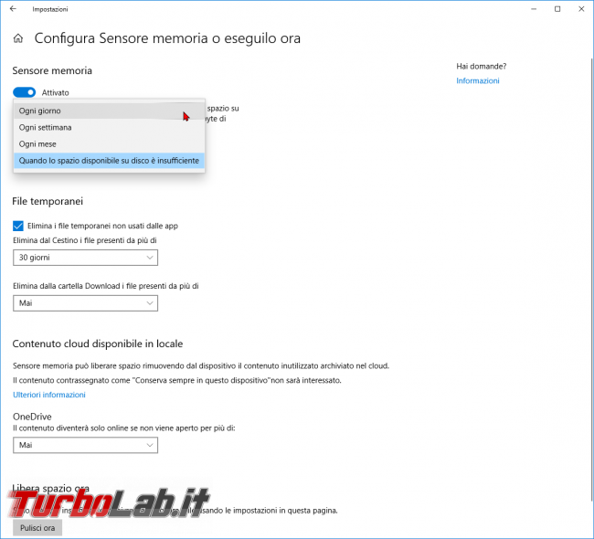 Guida Windows 10: come pulire disco / SSD liberare spazio automaticamente Sensore memoria (Storage sense)