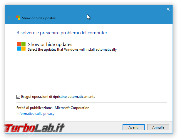 Guida Windows 10: come rimuovere patch/aggiornamento bloccare reinstallazione automatica - Show or hide updates