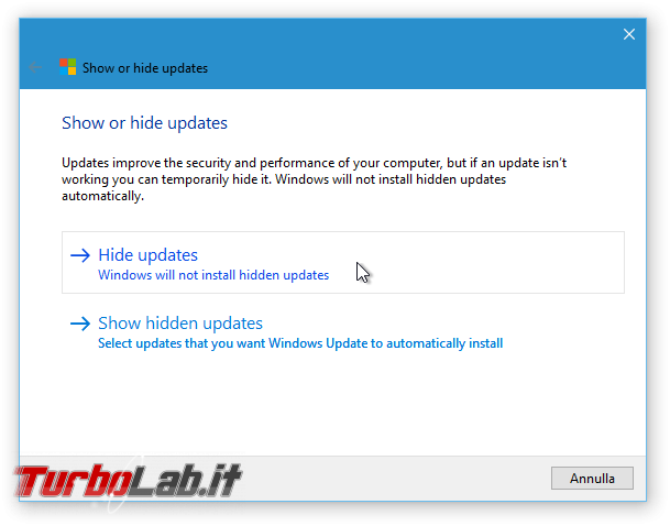 Guida Windows 10: come rimuovere patch/aggiornamento bloccare reinstallazione automatica - Show or hide updates_5