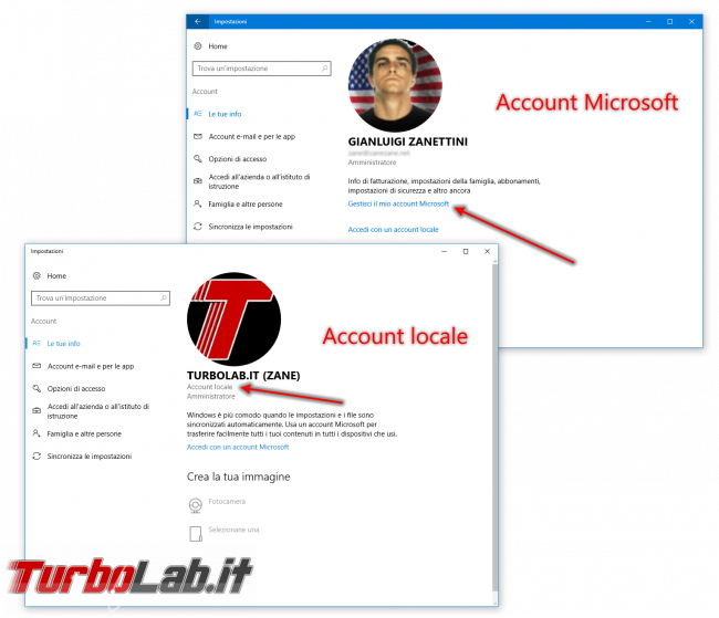 Guida Windows 10: come scoprire se sto usando &quot;account Microsoft&quot; oppure &quot;account locale&quot;? - windows 10 account locale account Microsoft