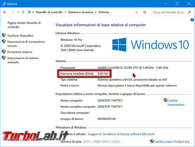 Guida Windows 10: come vedere quanta memoria RAM ha computer (RAM installata PC) - windows 10 pannello di controllo sistema ram