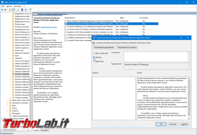 Guida Windows Defender Application Guard: come attivare/consentire copia-incolla, Preferiti, stampa download Microsoft Edge