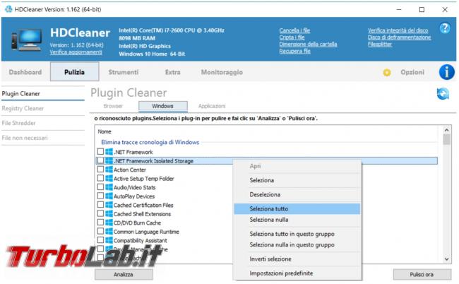 HDCleaner tutto fare pulizia, manutenzione raccolta informazioni computer