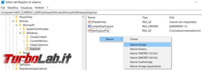 Impedire modifiche menu Start Windows 10