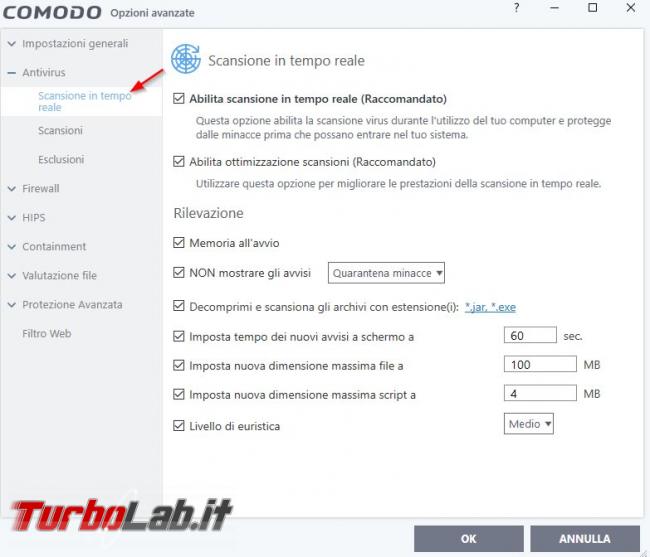 Impostazioni COMODO Internet Security: come configurarlo meglio - Scansione in tempo reale