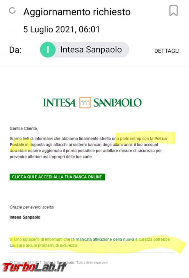 Intesa Sanpaolo partnership Polizia Postale: subdola campagna phishing via email - Screenshot_20210706-150515