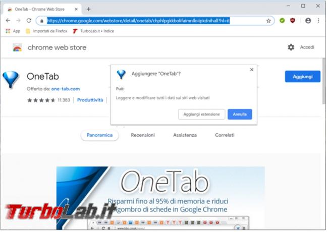 l’estensione OneTab raccogli tutte schede aperte chrome firefox sola risparmi memoria